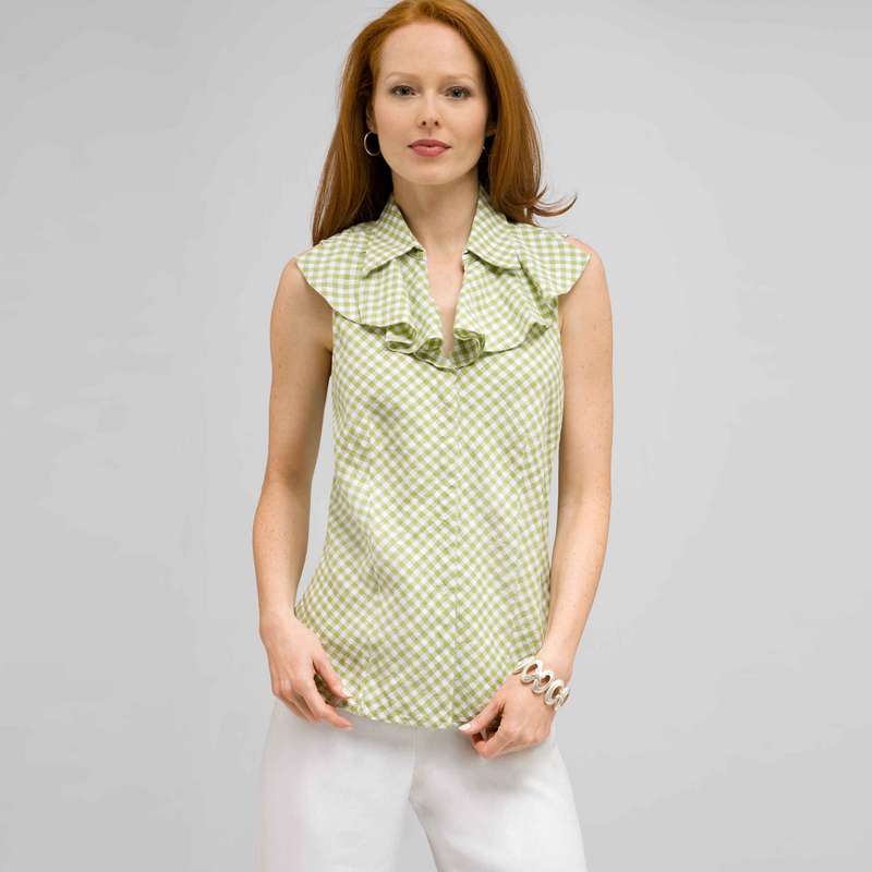 Ruffle Front Sleeveless Blouse., Sugar Pea and White, large image number 0
